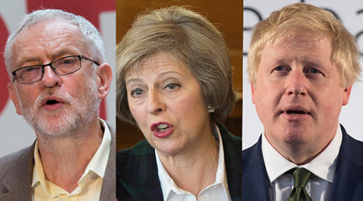 UK politicians: Jeremy Corbyn, Theresa May and Boris Johnson 