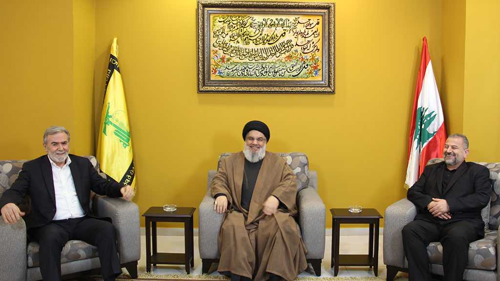 Hezbollah SG Sayyed Nasrallah Receives Islamic Jihad SG Ziad Nakhala, Deputy Head of Hamas Political Bureau Saleh Arouri